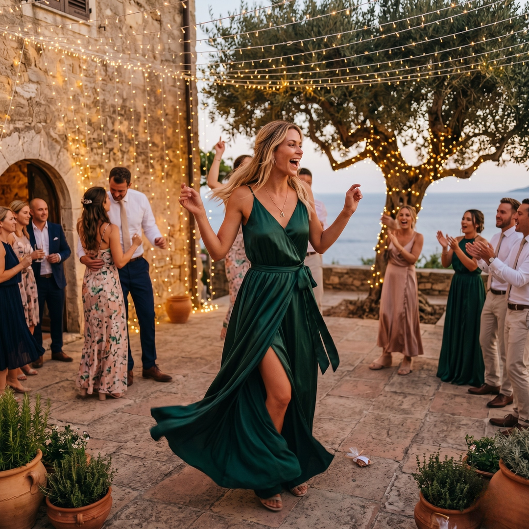 Emerald Embrace Bridesmaid Maxi Dress  —  Satin Tie-Waist with Slit