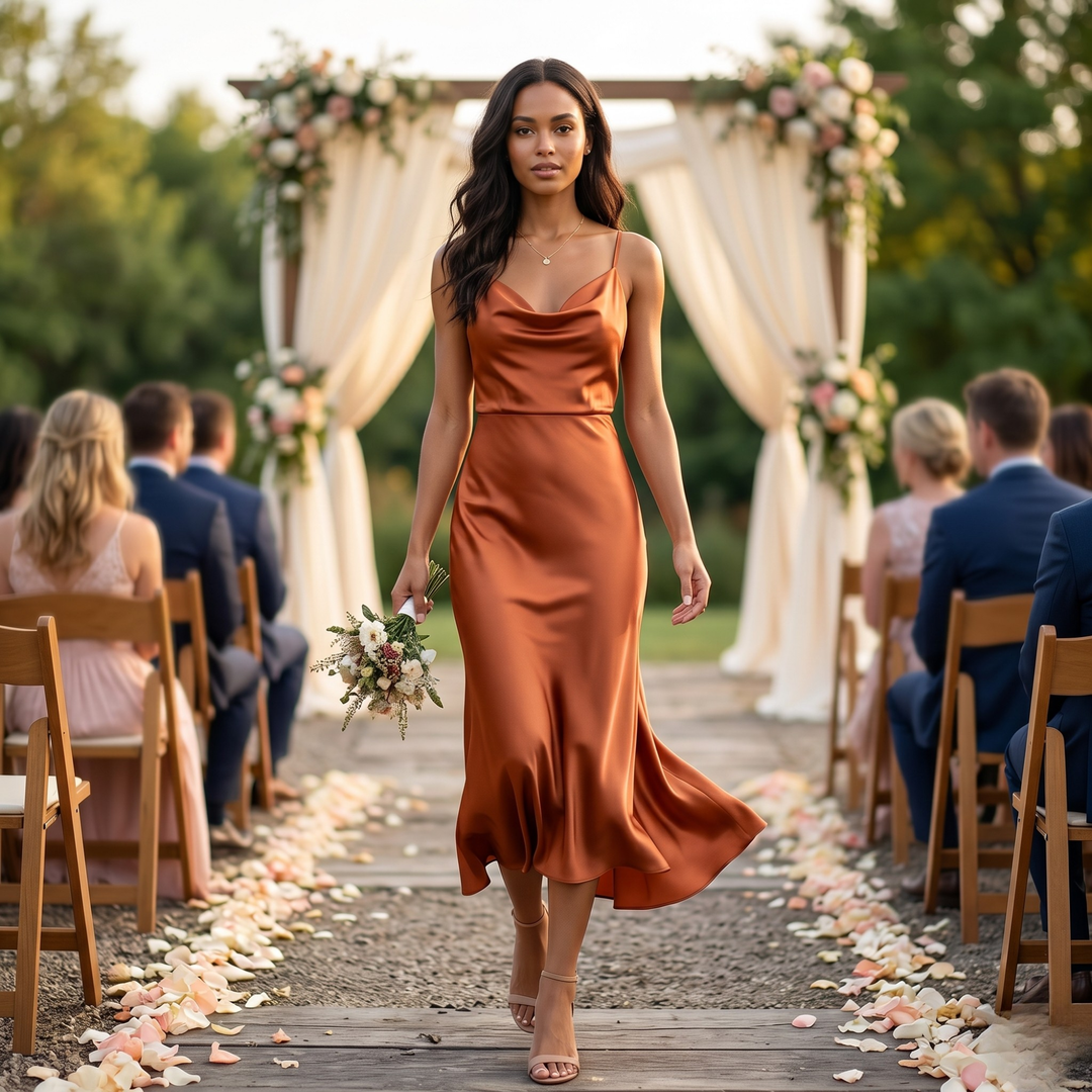 Copper Keepsake Satin Slip Midi Bridesmaid Dress  —  Asymmetrical Cowl Neck Destination Wedding Gown