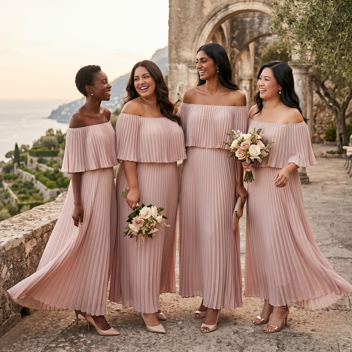 Petals & Promises Blush Cascade Pleated Bridesmaid Gown  —  Flowing Destination Wedding Dress