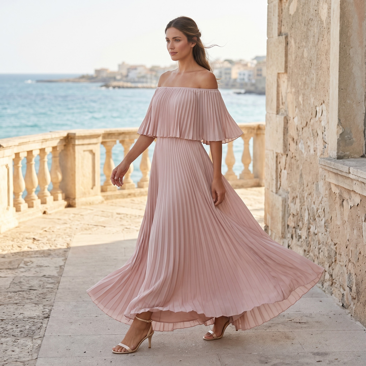 Petals & Promises Blush Cascade Pleated Bridesmaid Gown  —  Flowing Destination Wedding Dress