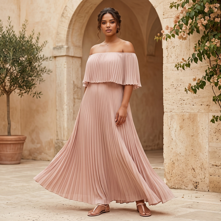 Petals & Promises Blush Cascade Pleated Bridesmaid Gown  —  Flowing Destination Wedding Dress