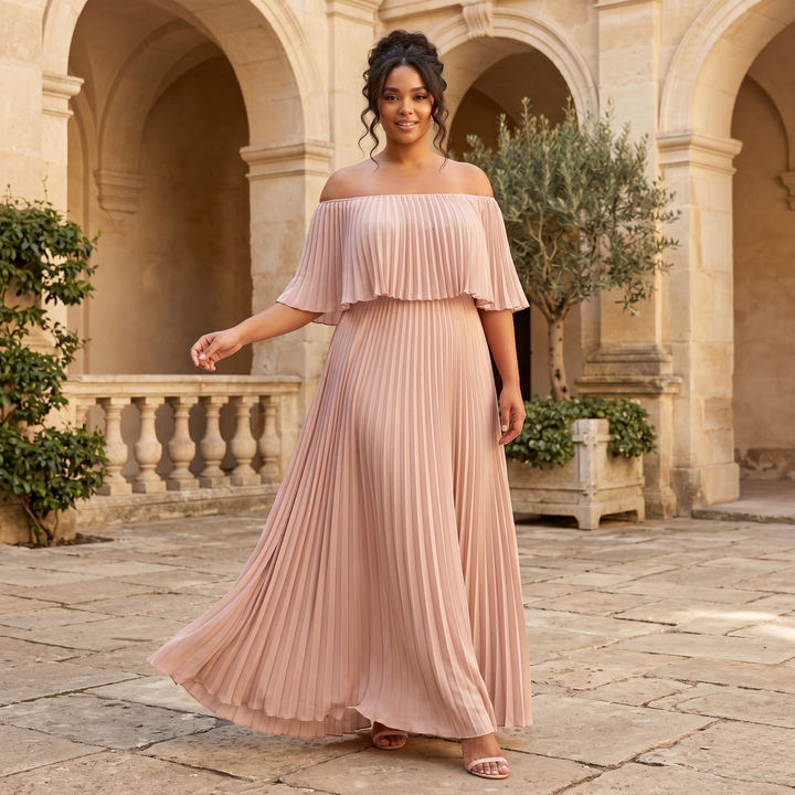 Petals & Promises Blush Cascade Pleated Bridesmaid Gown  —  Flowing Destination Wedding Dress