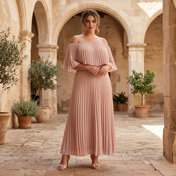 Petals & Promises Blush Cascade Pleated Bridesmaid Gown  —  Flowing Destination Wedding Dress