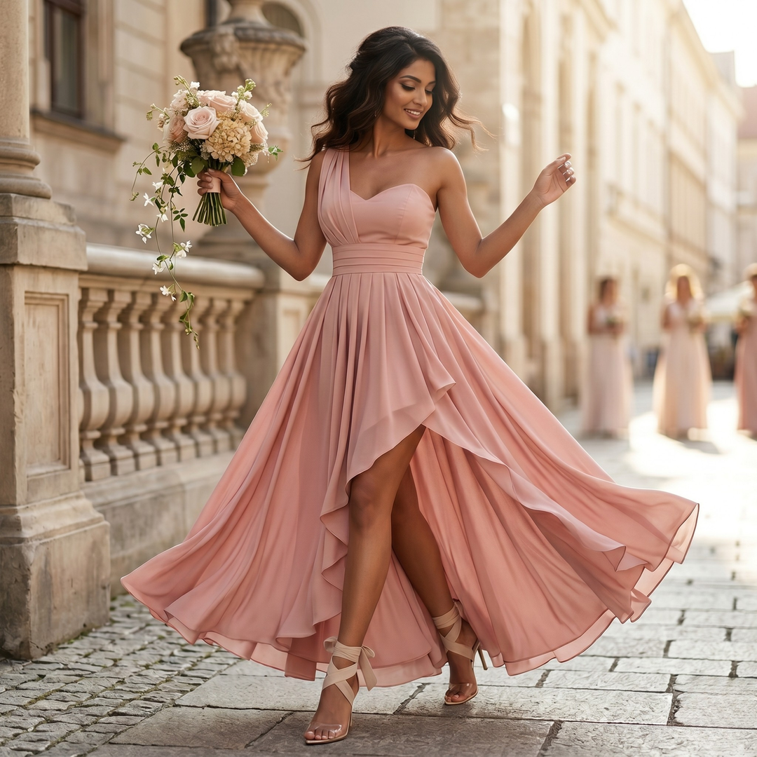 Petals & Promises Petal Drape Asymmetrical Bridesmaid Gown  —  Modern Destination Wedding Dress