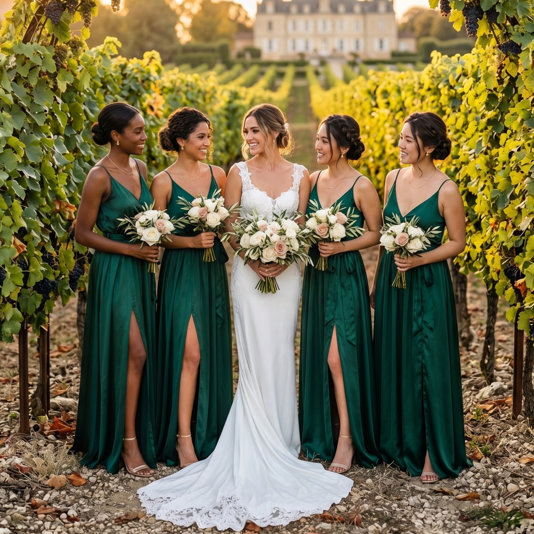 Emerald Embrace Bridesmaid Maxi Dress  —  Satin Tie-Waist with Slit