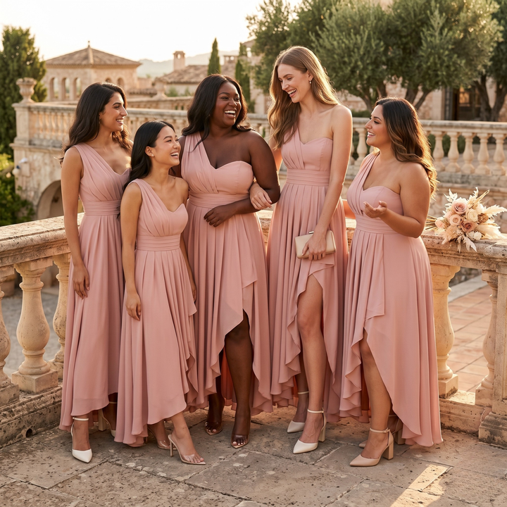 Petals & Promises Petal Drape Asymmetrical Bridesmaid Gown  —  Modern Destination Wedding Dress