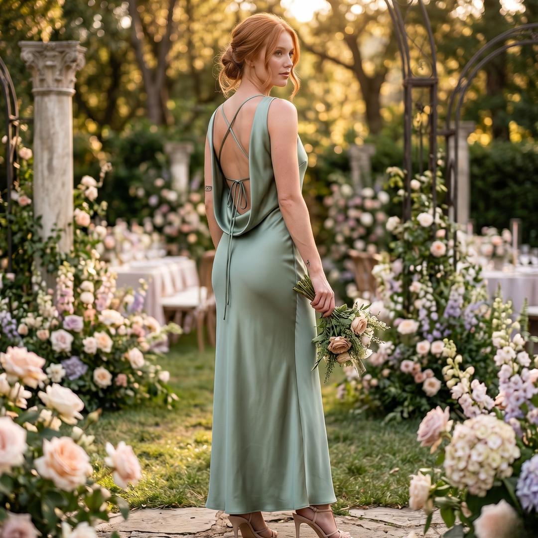 Sage Reverie Open-Back Garden Destination Satin Bridesmaid Dress