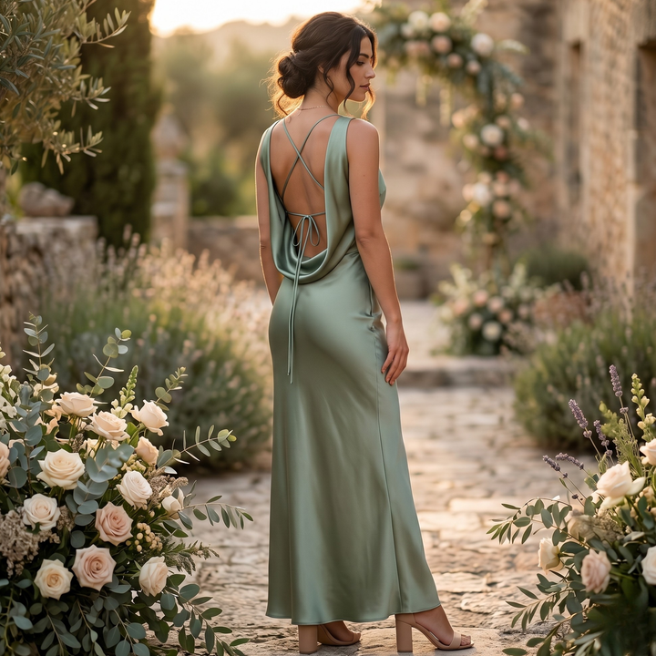 Sage Reverie Open-Back Garden Destination Satin Bridesmaid Dress