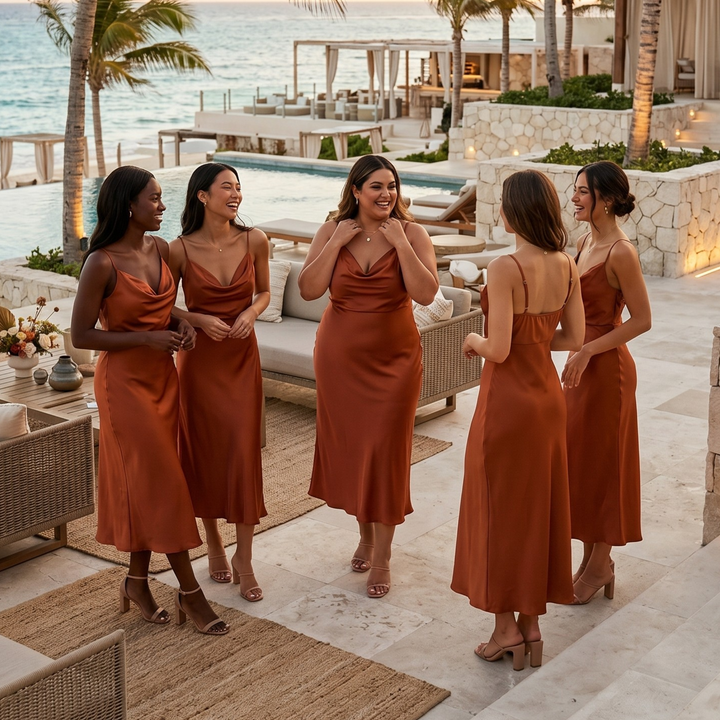 Copper Keepsake Satin Slip Midi Bridesmaid Dress  —  Asymmetrical Cowl Neck Destination Wedding Gown