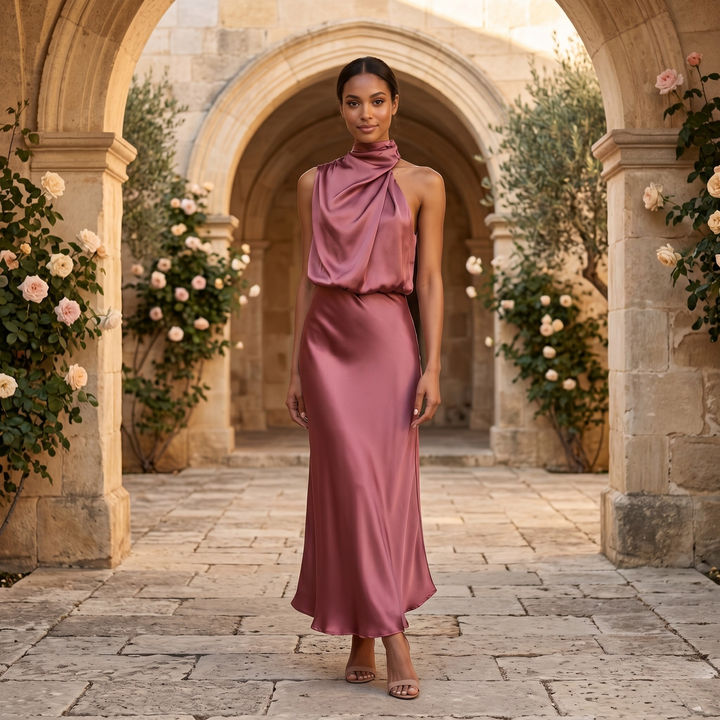 Rose Dusk Reverie Asymmetrical Satin Maxi Dress  —  Destination Bridesmaid Gown