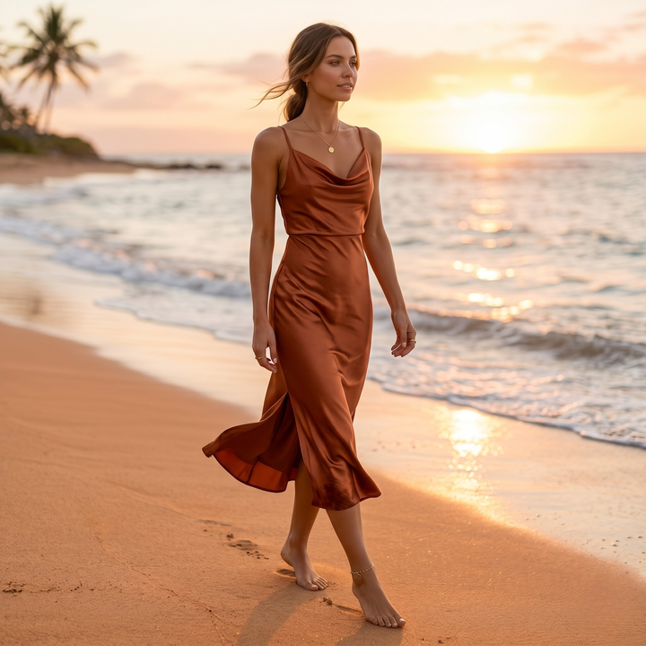 Copper Keepsake Satin Slip Midi Bridesmaid Dress  —  Asymmetrical Cowl Neck Destination Wedding Gown