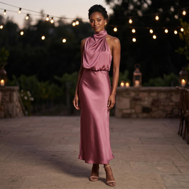 Rose Dusk Reverie Asymmetrical Satin Maxi Dress  —  Destination Bridesmaid Gown