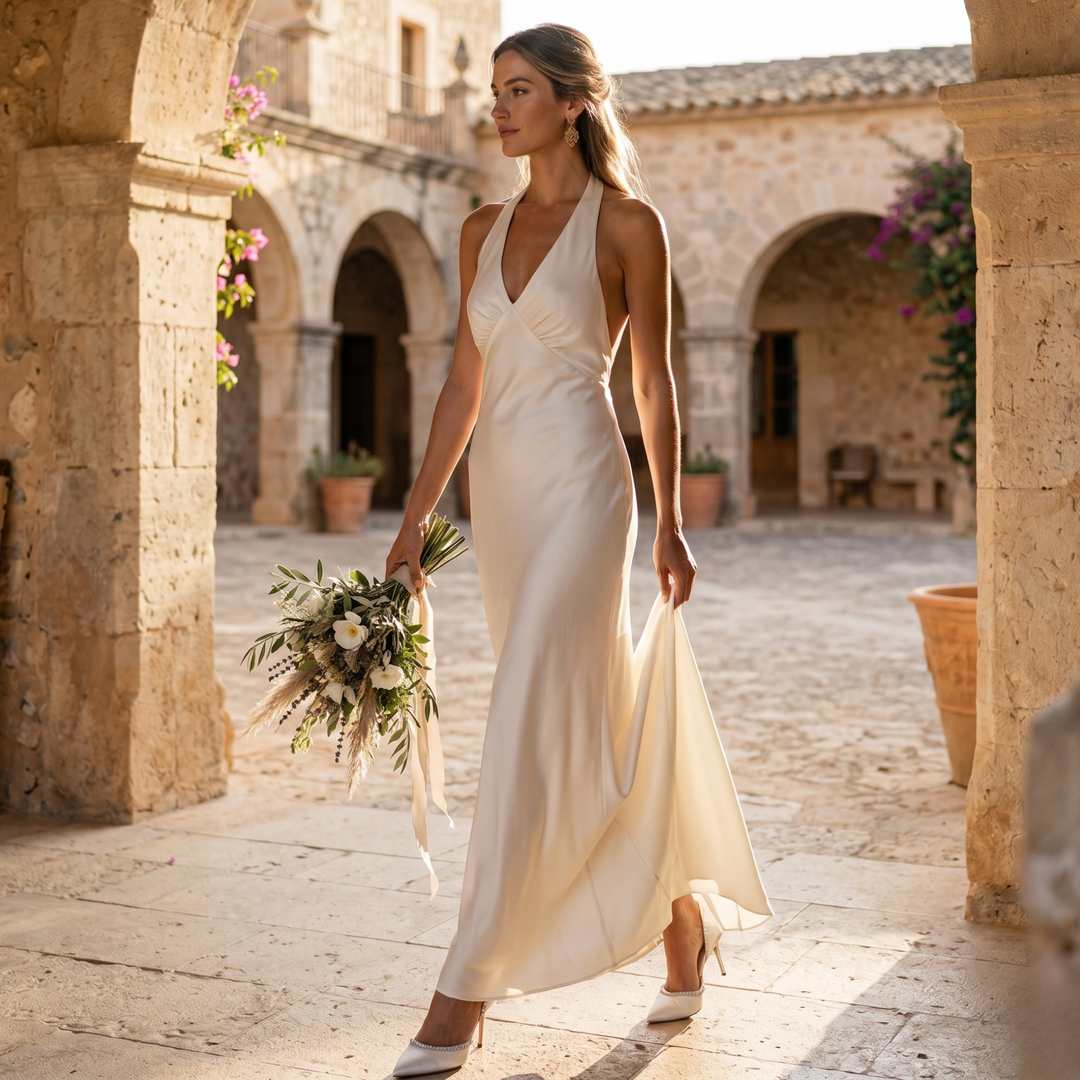 Pearl Union Ivory Reverie -Backless Halter Destination Bridal Gown