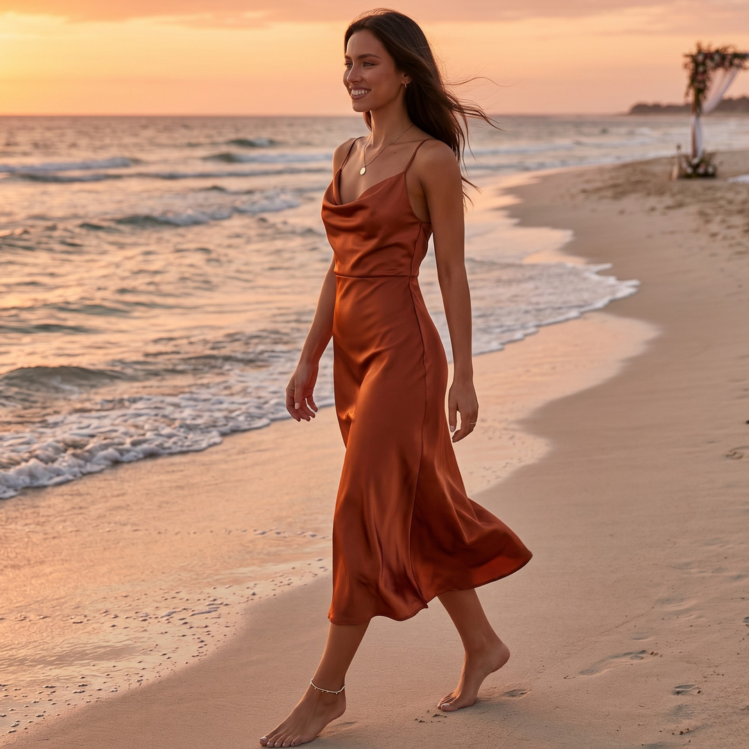 Copper Keepsake Satin Slip Midi Bridesmaid Dress  —  Asymmetrical Cowl Neck Destination Wedding Gown