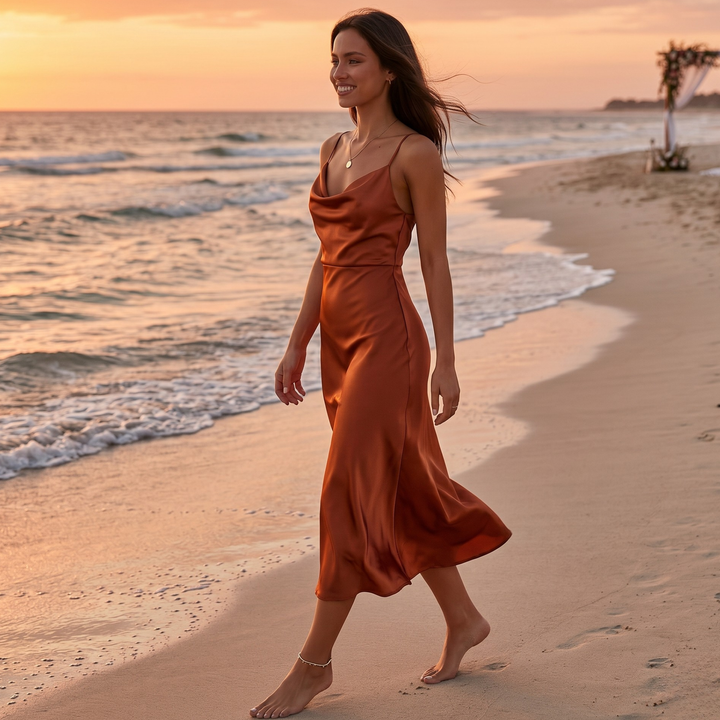 Copper Keepsake Satin Slip Midi Bridesmaid Dress  —  Asymmetrical Cowl Neck Destination Wedding Gown
