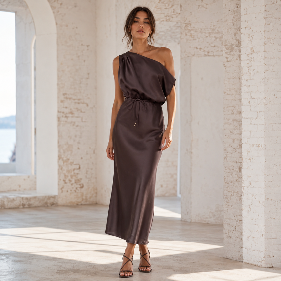 Chocolate Amour One-Shoulder Satin Drape Dress