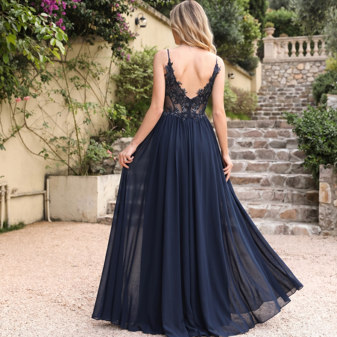 Gilded Garden Navy Illusion Lace Bridesmaid Gown – Garden Destination Wedding Edition