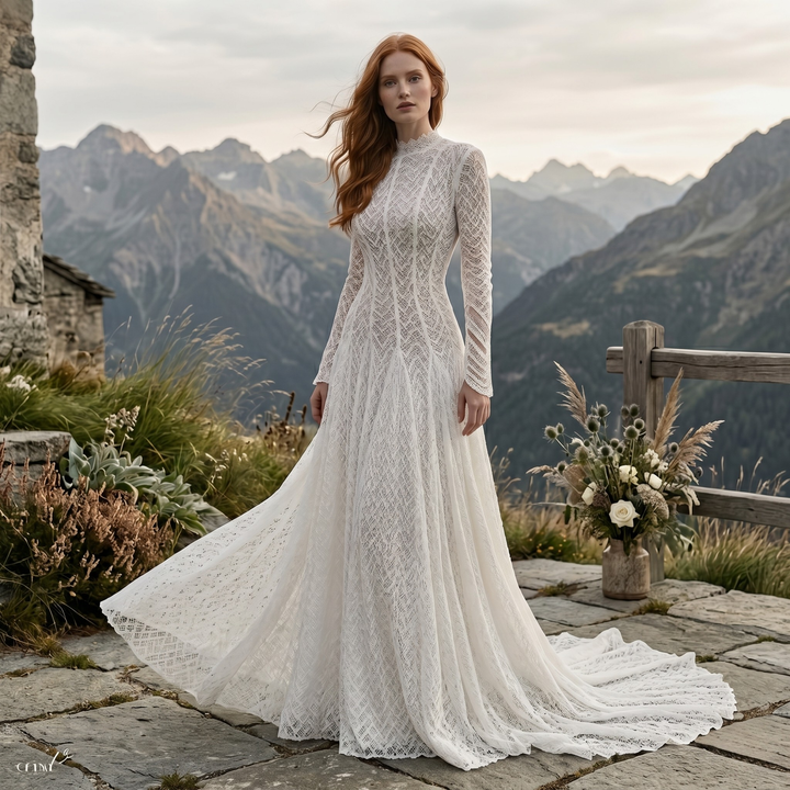 Pearl Union Alpine Noir Long Sleeve Mountain Bridal Gown- Lace Mock Neck Long Sleeve Maxi Dress