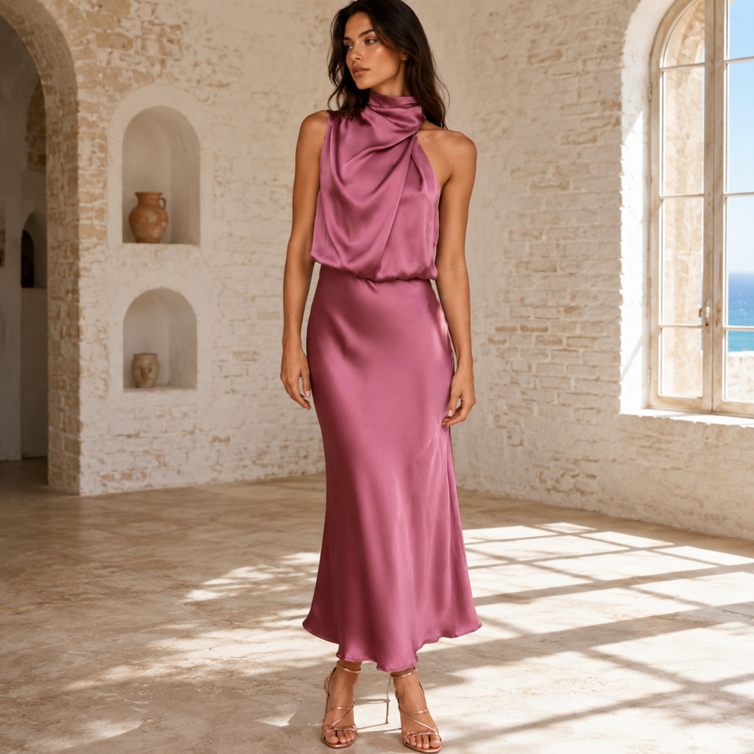 Rose Dusk Reverie Asymmetrical Satin Maxi Dress