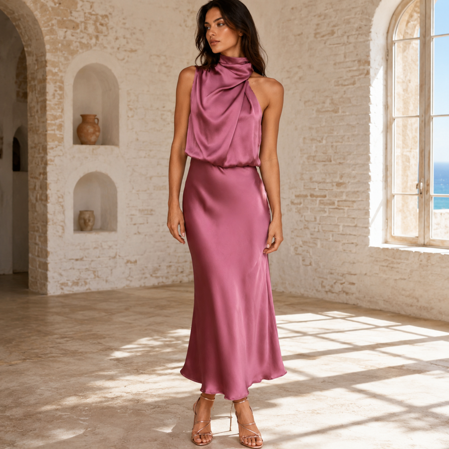 Rose Dusk Reverie Asymmetrical Satin Maxi Dress