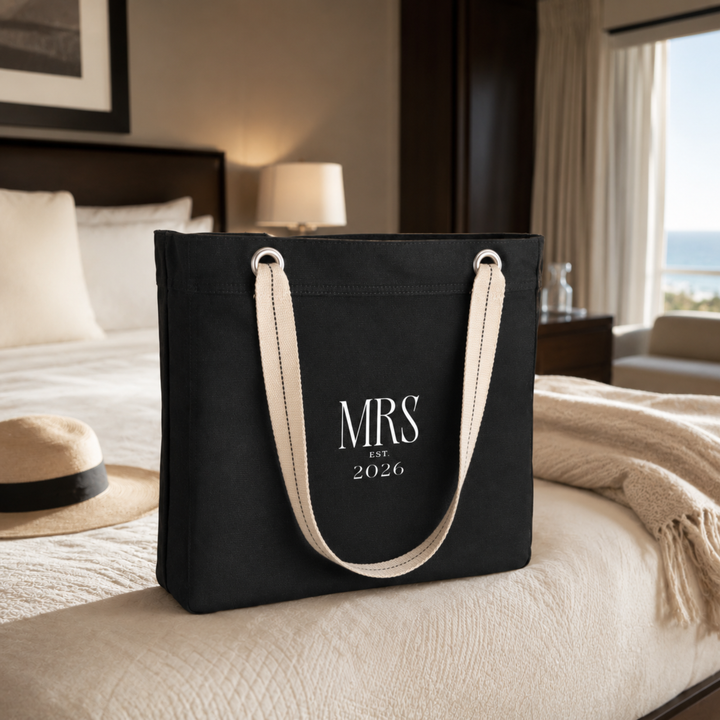 Midnight Union Bridal Extra Large Tote Bag  —  Mrs Est. 2026 Black Wedding Carryall