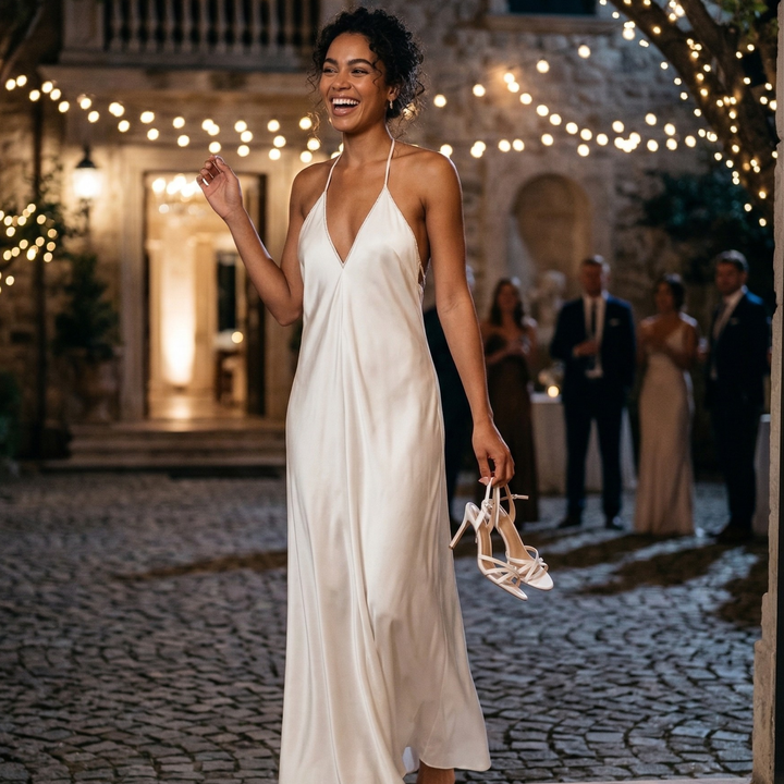 Pearl Union White Satin Halter Dress  —  Backless Bridal Slip Dress for Wedding Morning & Honeymoon