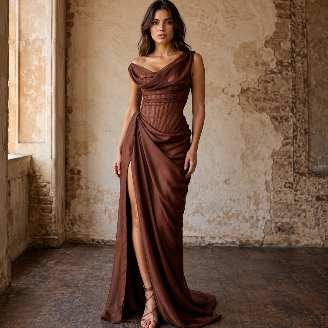 Chocolate Amour Draped Corset One-Shoulder Satin Gown