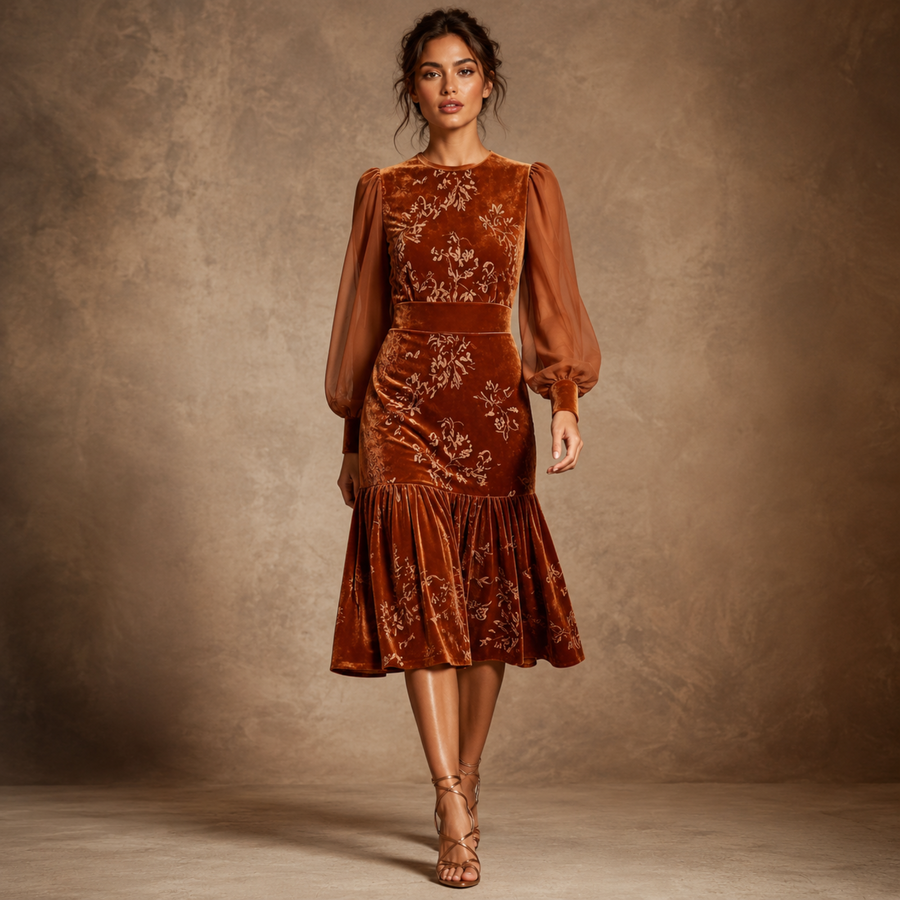 Copper Keepsake Velvet Floral Midi Dress