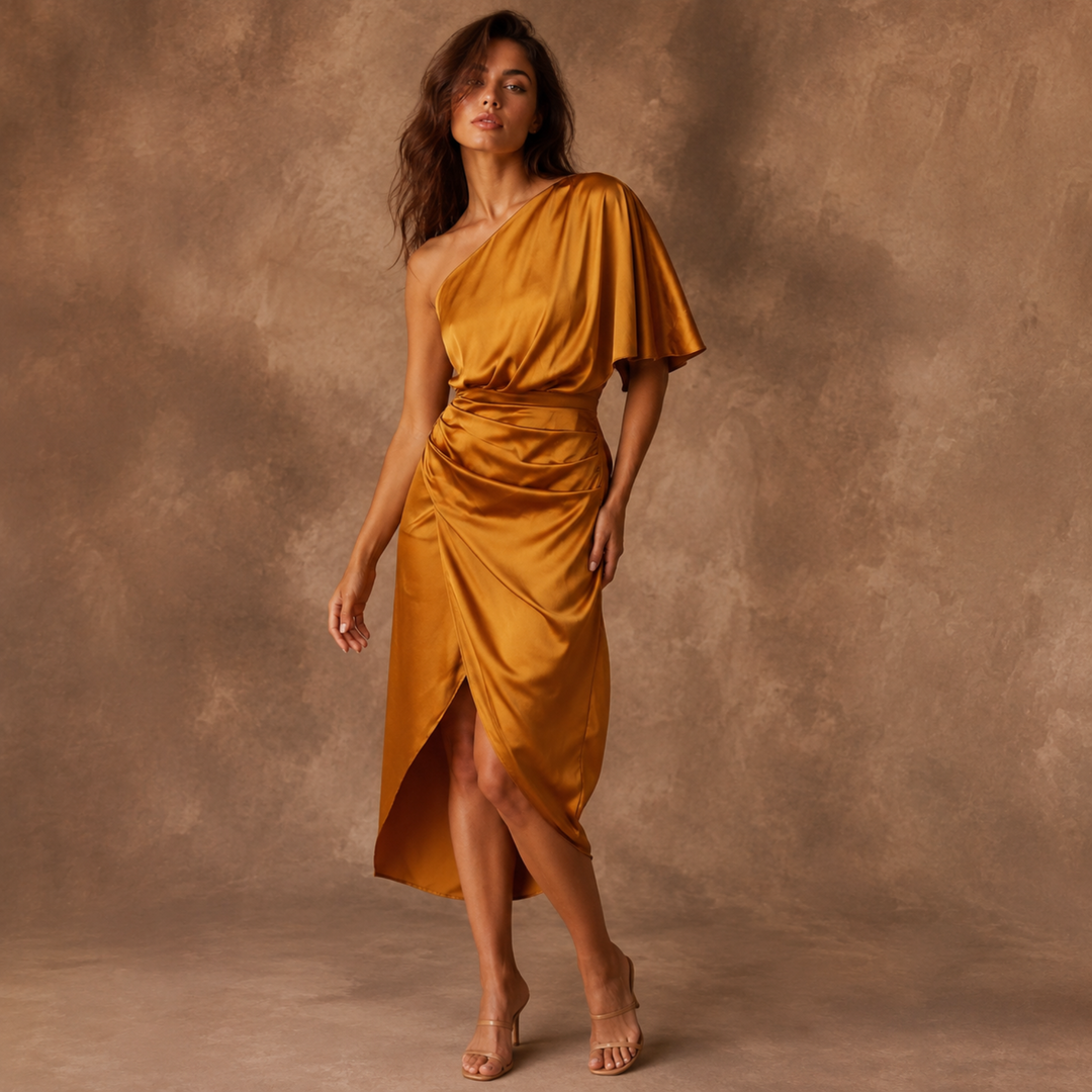 Golden Bliss One-Shoulder Satin Midi Dress