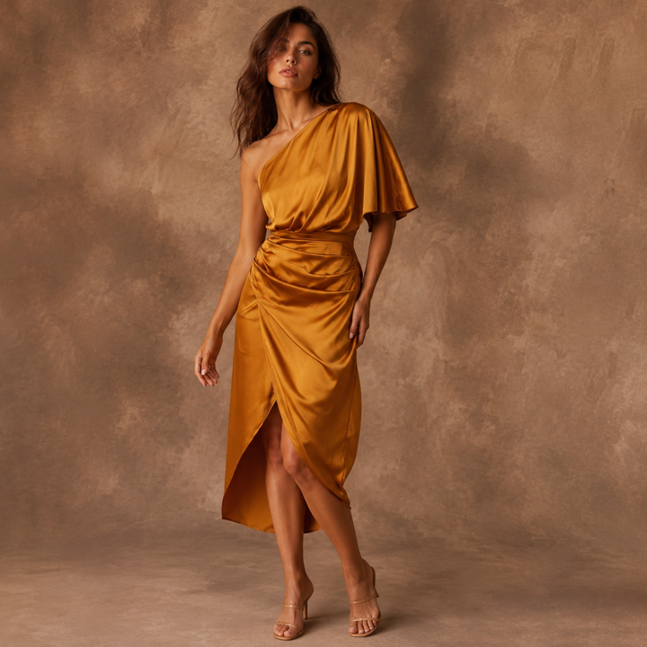 Golden Bliss One-Shoulder Satin Midi Dress
