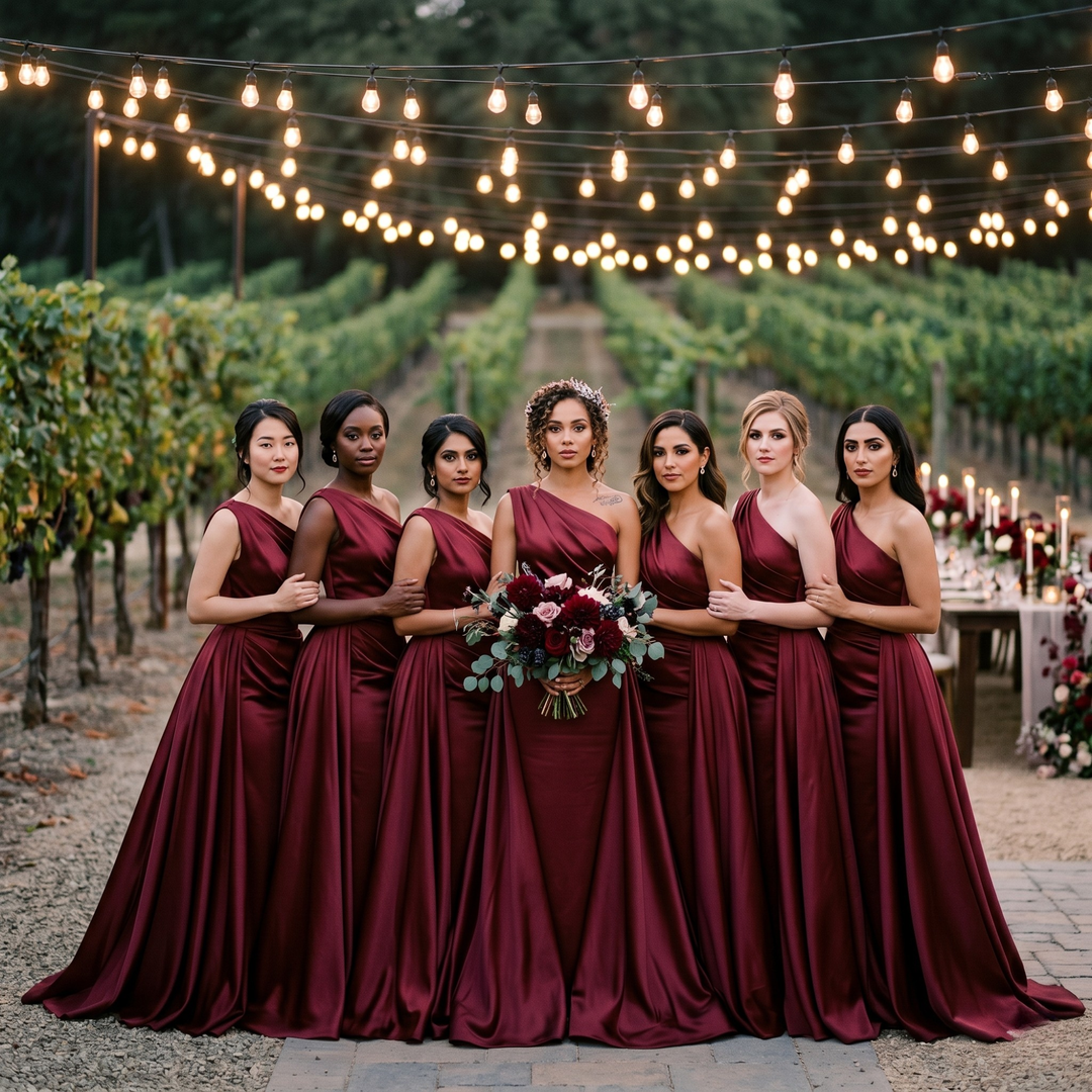 Crimson Promise Satin Mermaid Gown – Vintage Vineyard Destination Bridesmaid Dress