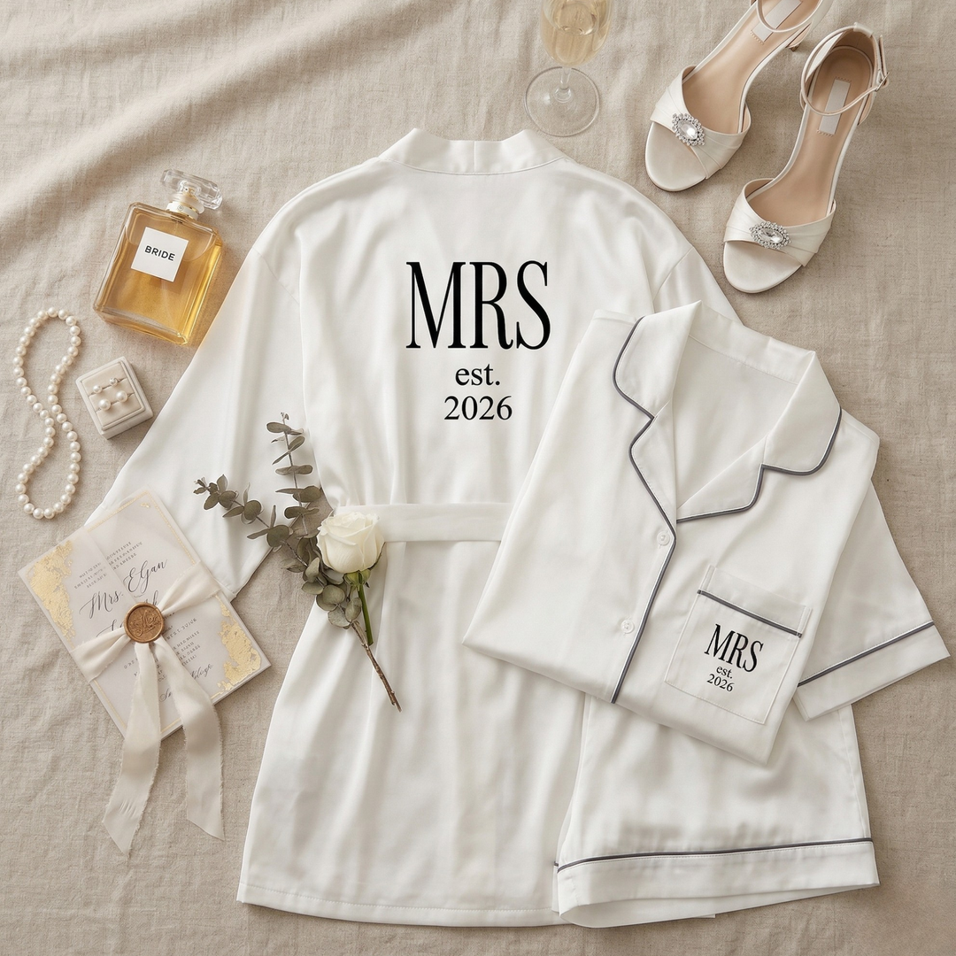 Pearl Union Mrs Est. 2026 White Satin Bridal Pajama Set  —  Wedding Morning Outfit