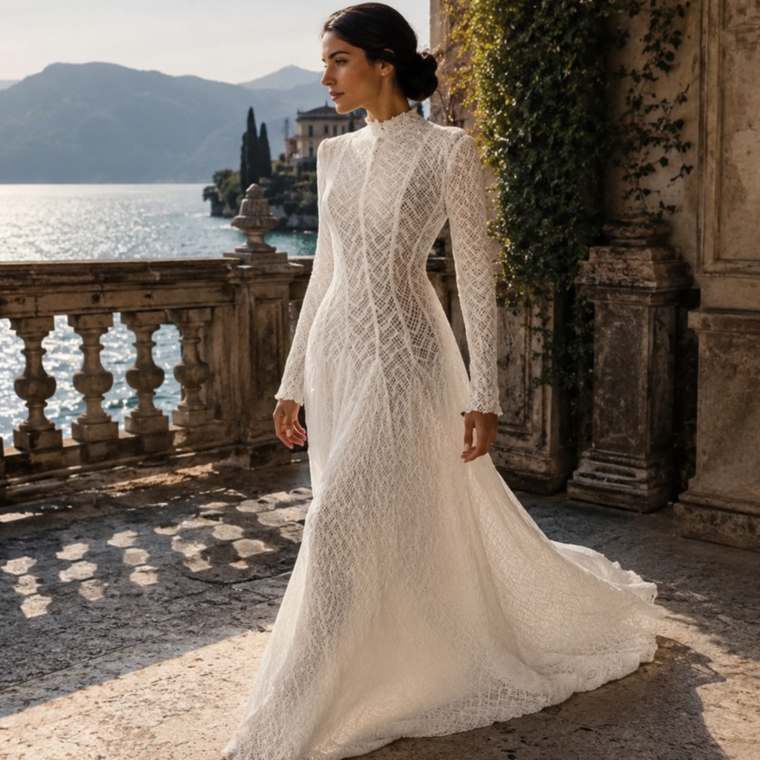 Pearl Union Alpine Noir Long Sleeve Mountain Bridal Gown- Lace Mock Neck Long Sleeve Maxi Dress