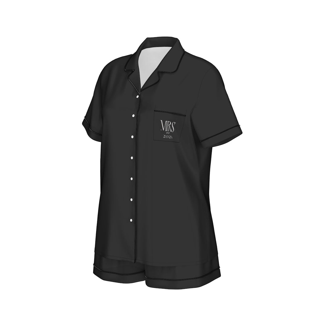 Midnight Union Bridal Pajama Short Set  —  Black Satin  — Mrs Est. 2026 —  Wedding Lounge Set