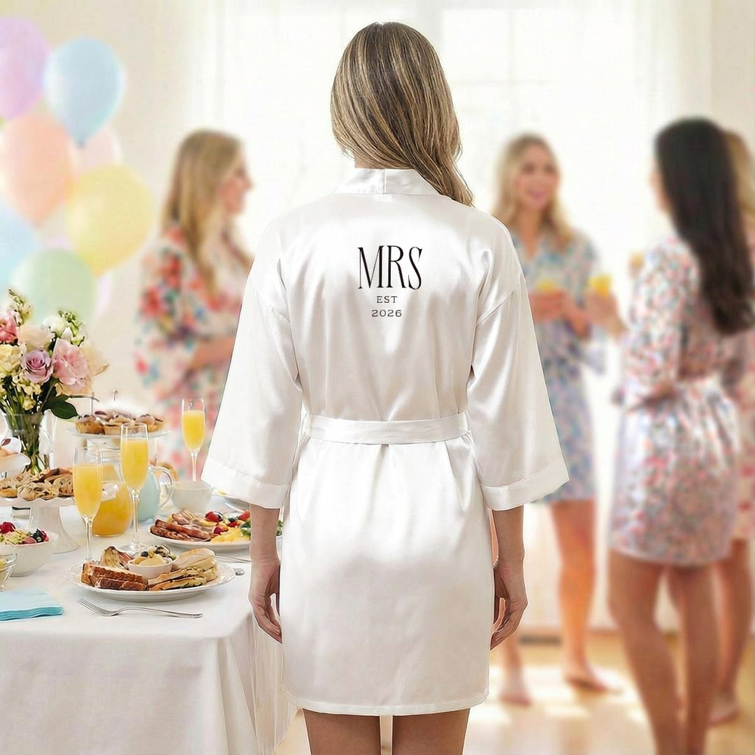 Pearl Union Mrs Est. 2026 Bridal Satin Robe  —  White Wedding Getting Ready Robe