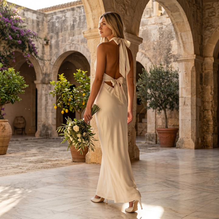 Pearl Union Ivory Reverie -Backless Halter Destination Bridal Gown