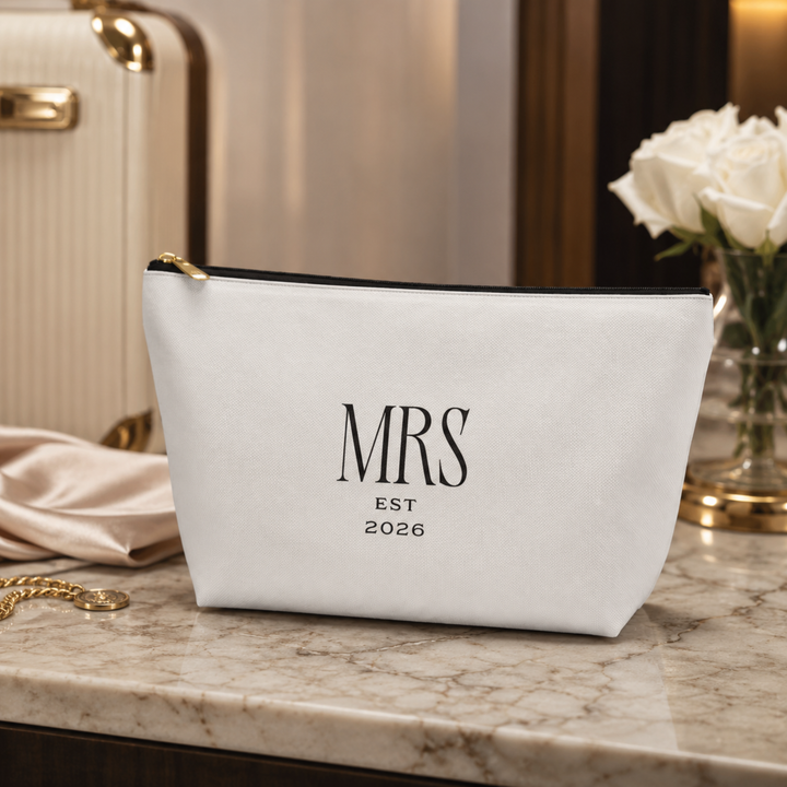 Pearl Union Bridal Cosmetic Pouch, Mrs Est. 2026 Travel Makeup & Accessory Bag