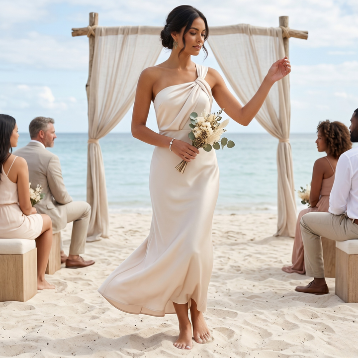 Champagne Whispers One-Shoulder Twist Bridesmaid Gown  —  Eggshell Destination Wedding Maxi Dress