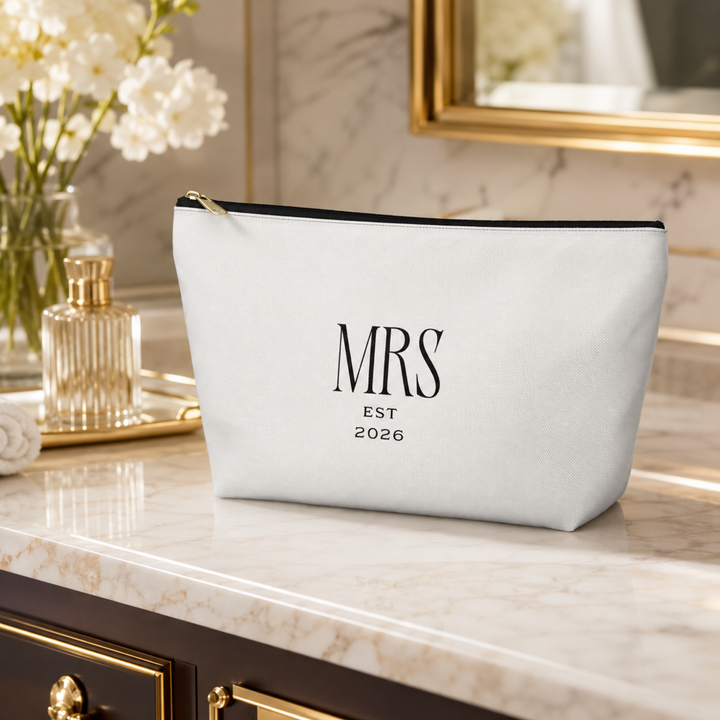 Pearl Union Bridal Cosmetic Pouch, Mrs Est. 2026 Travel Makeup & Accessory Bag