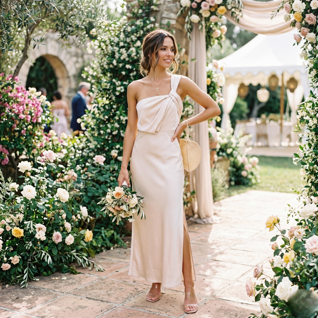 Champagne Whispers One-Shoulder Twist Bridesmaid Gown  —  Eggshell Destination Wedding Maxi Dress