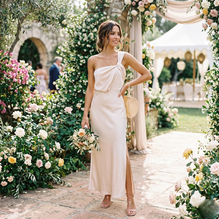 Champagne Whispers One-Shoulder Twist Bridesmaid Gown  —  Eggshell Destination Wedding Maxi Dress