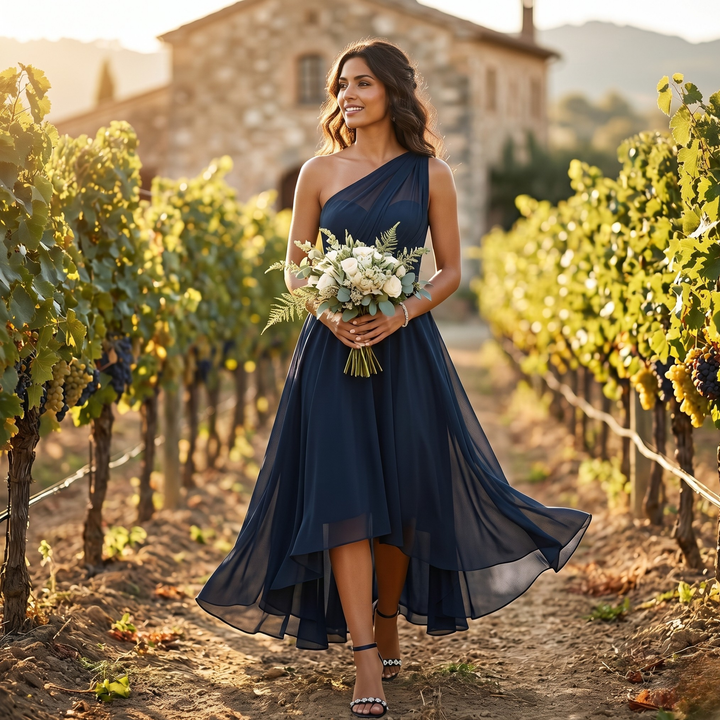 Gilded Garden Navy Asymmetrical Bridesmaid Dress  —  Destination Wedding Edition