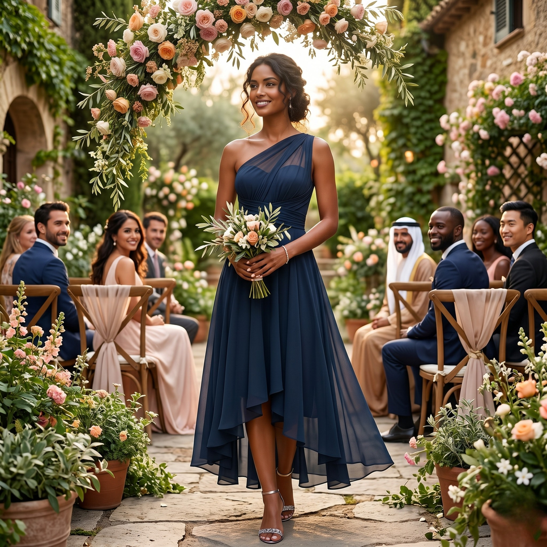 Gilded Garden Navy Asymmetrical Bridesmaid Dress  —  Destination Wedding Edition