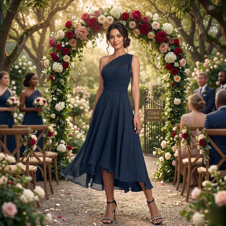 Gilded Garden Navy Asymmetrical Bridesmaid Dress  —  Destination Wedding Edition