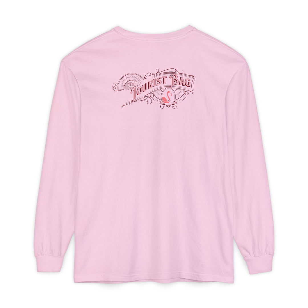 Blush Tides Flamingo Emblem, Unisex Garment-dyed Long Sleeve T-Shirt (Pink)