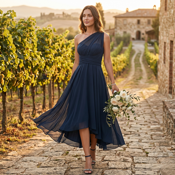 Gilded Garden Navy Asymmetrical Bridesmaid Dress  —  Destination Wedding Edition