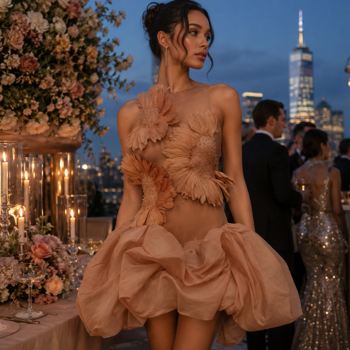 Champagne Blossom Couture Mini Dress