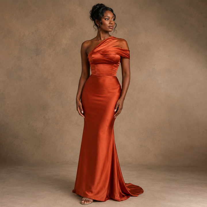 Burnt Sienna One-Shoulder Satin Mermaid Bridesmaid Gown