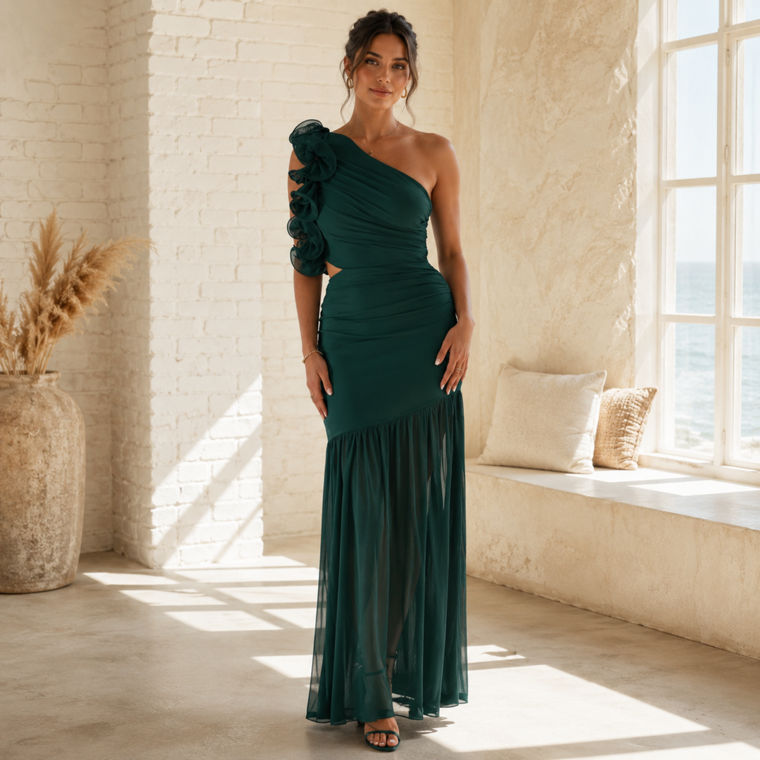 Emerald Embrace One-Shoulder Ruffle Maxi Dress with Cutout
