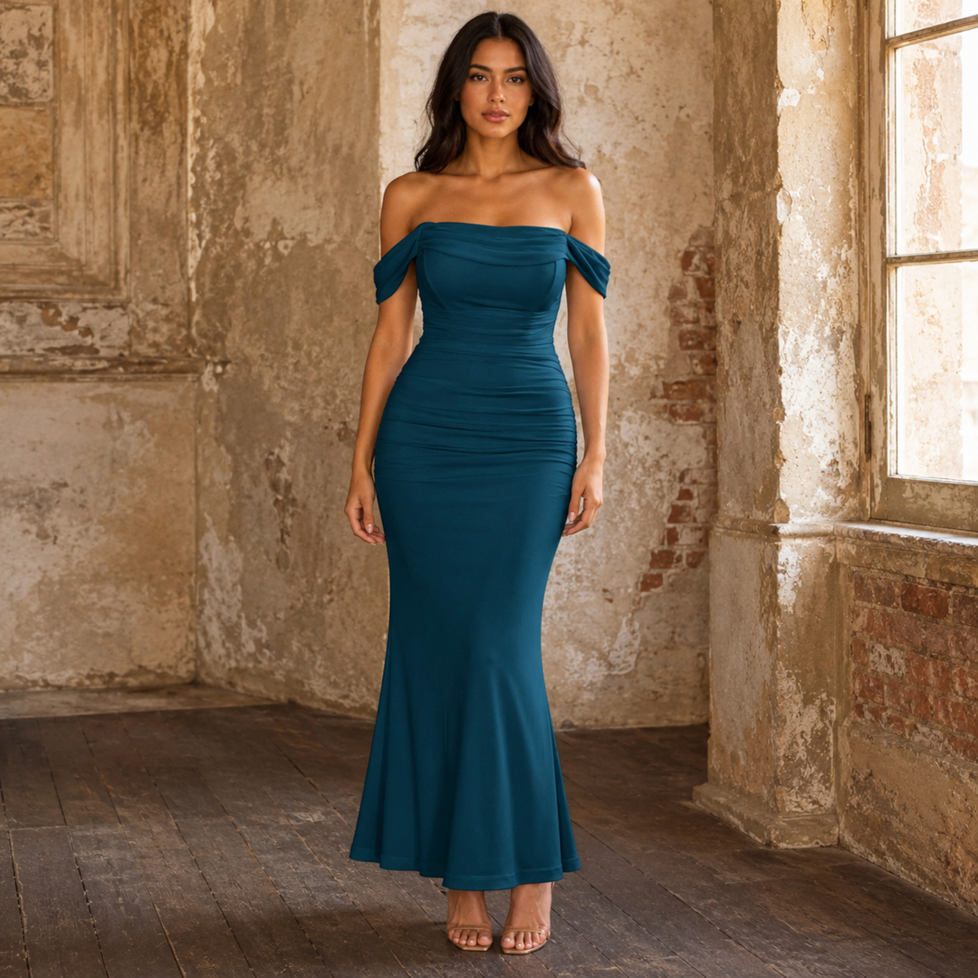 Teal Noir Ruched Off-Shoulder Midi Dress
